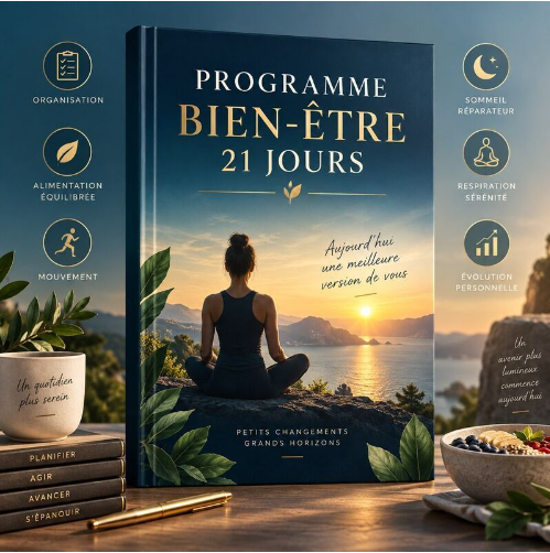 Couverture du Programme Bien-être 21 Jours, avec une personne assise face au soleil levant